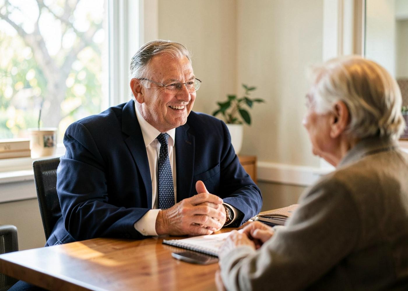 Dan Hopwood talking with a client across a table in his office