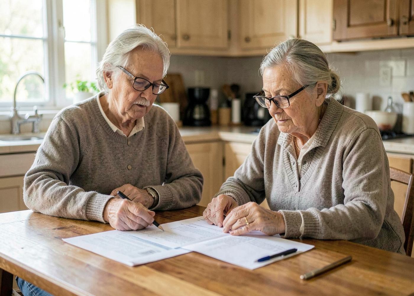 An older couple reviewing insurance paperwork together at their kitchen table