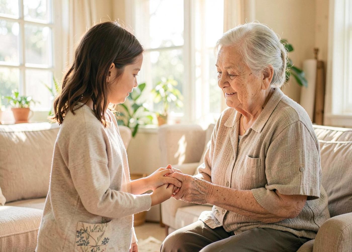 An adult daughter holding her elderly mother's hands in a sunlit living room