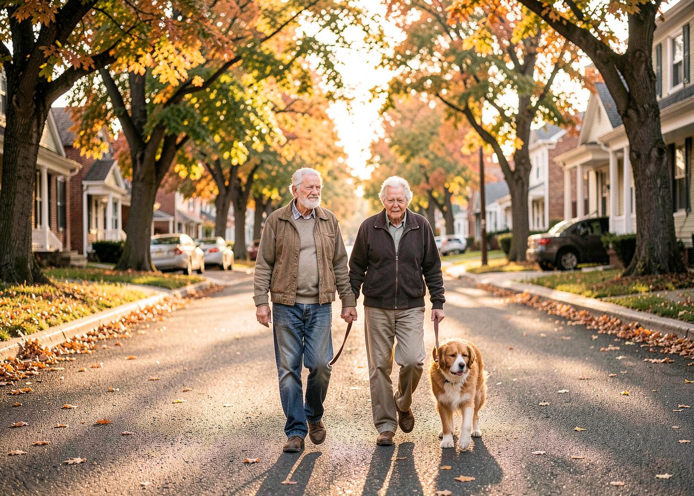 A retired couple walking their dog on a tree-lined neighborhood street